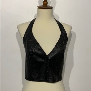 Vintage Black Leather Halter Bralette Moto Biker